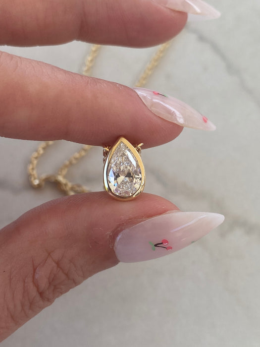 14K Solid Gold Biker Chain 1.1 Carat Pear Lab Diamond Necklace