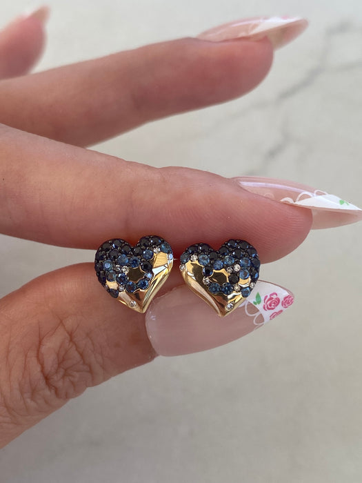 14K Gold Blue Sapphire & Diamond Heart Stud Earrings