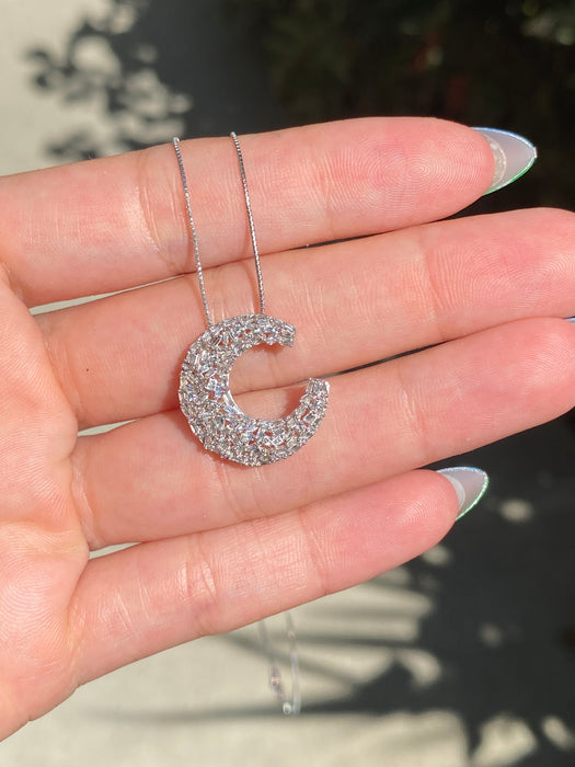 18k white gold box chain with 18k white gold baguette diamond crescent moon