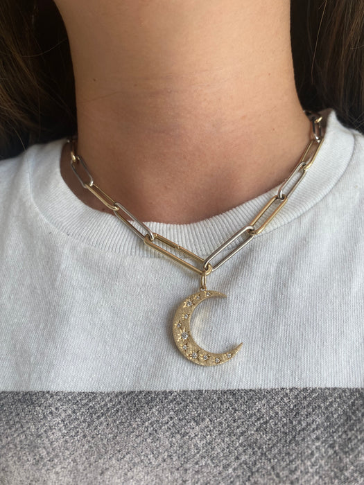 14K Brushed Diamond Crescent Moon Star Charm