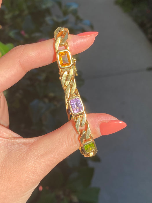 Vintage 14k Solid Gold Rainbow Gemstone Curb Bracelet | Emerald Cut Peridot Amethyst Citrine | 7”