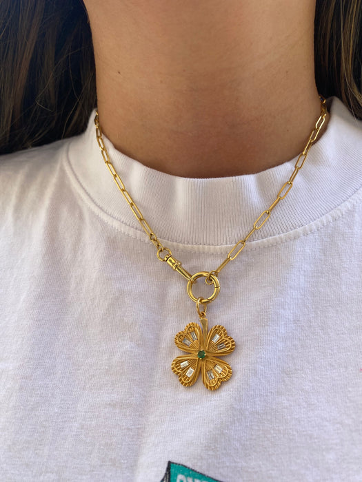 14K Gold Fluted Diamond & Emerald Four-Leaf Clover Charm