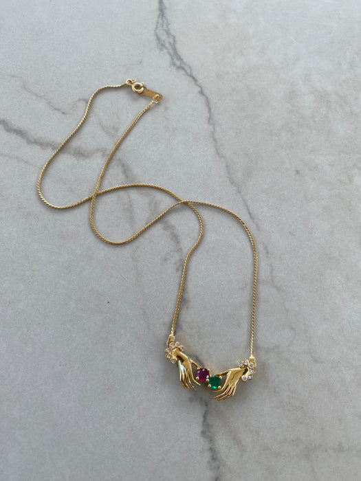 Vintage 18K Gold Hand Necklace with Ruby, Emerald & Diamond Accents – 16.25”