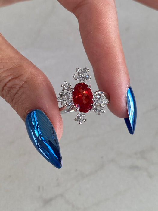 Vintage Platinum 900 Sunstone Diamond Flower Ring – Size 6.25