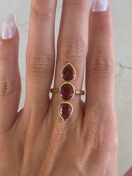 14K Gold Rubellite Tourmaline Three-Stone Vertical Ring