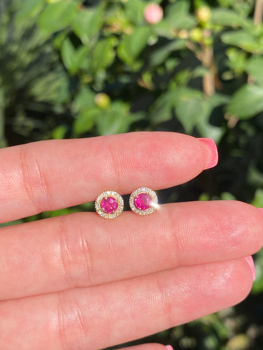 14k ruby diamond halo stud earrings