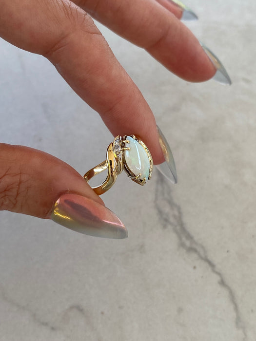 Vintage 14K Marquise Opal & Diamond Ring