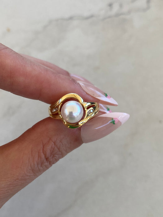 Vintage 14K Gold Pearl and Diamond Ring – Size 5