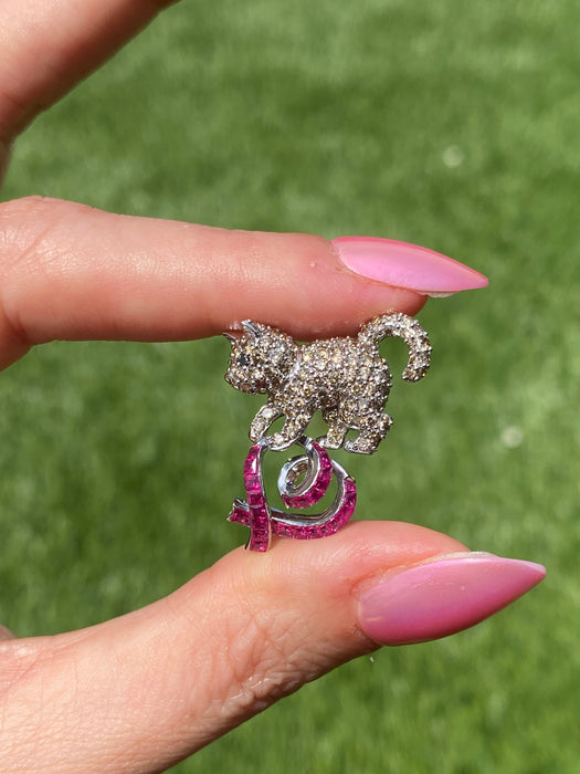 Vintage 18K White Gold Diamond & Ruby Cat Slider Charm