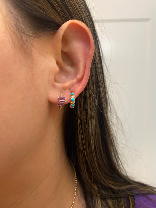 14k amethyst baguette diamond huggie earrings