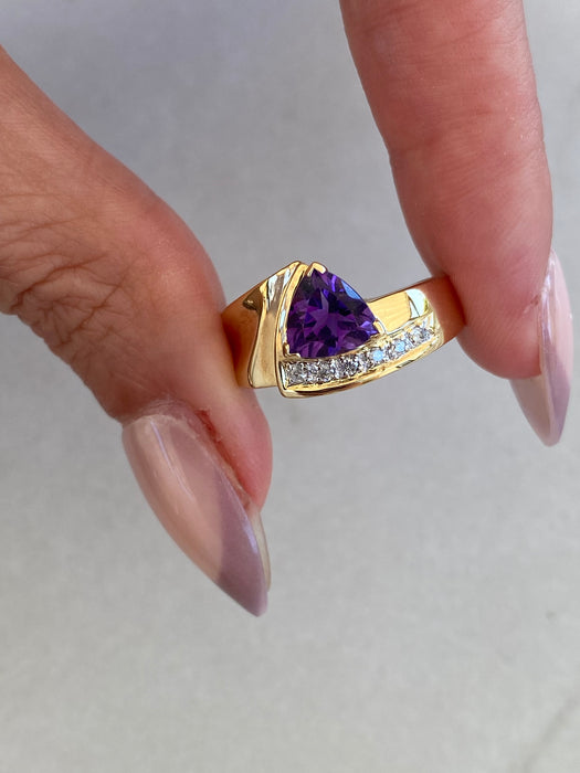 Vintage 14K Gold Trillion Amethyst Diamond Ring – Size 6.5