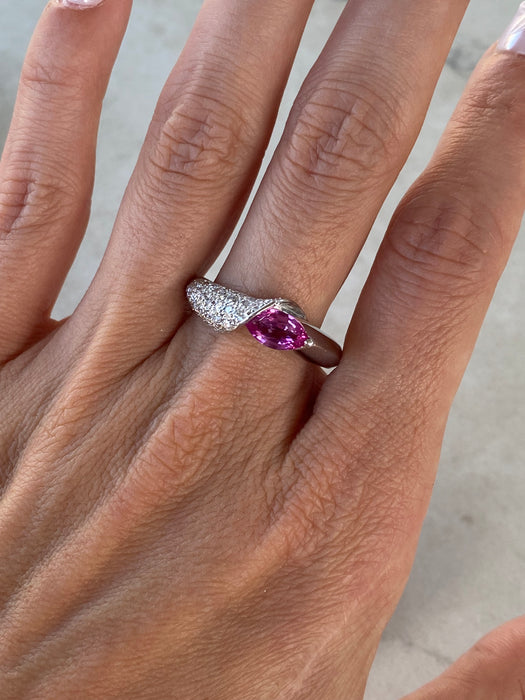 Vintage Platinum 900 Pink Sapphire Pear Ring with Diamonds – Size 10.25