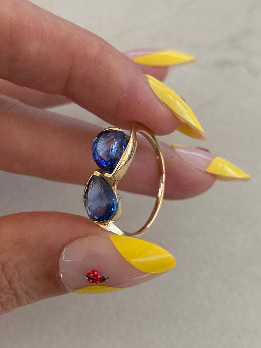14K Gold Double Pear Blue Sapphire Ring – 2.86 TCW Size 8