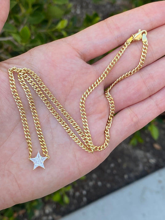 14K Gold Natural Diamond Star Curb Necklace