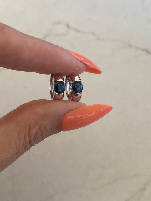 14K White Gold Blue Sapphire Huggie Hoop Earrings