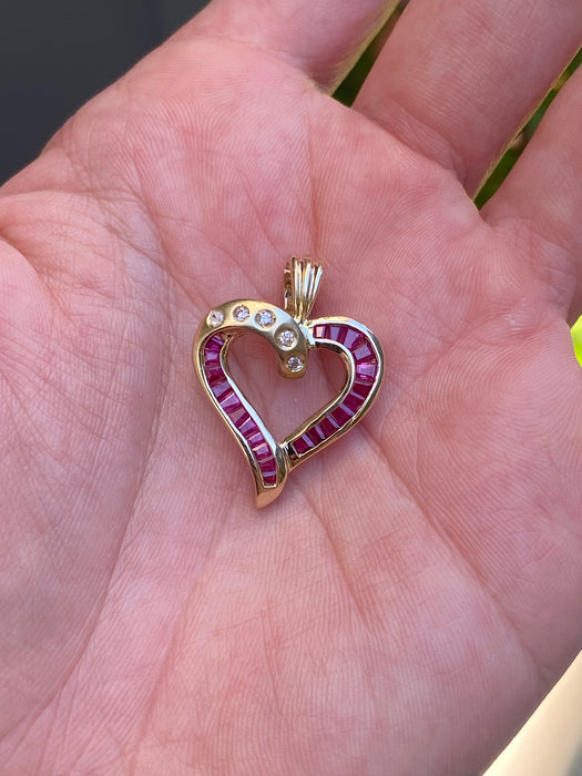 Vintage 14K Gold Princess Cut Ruby & Diamond Heart Pendant