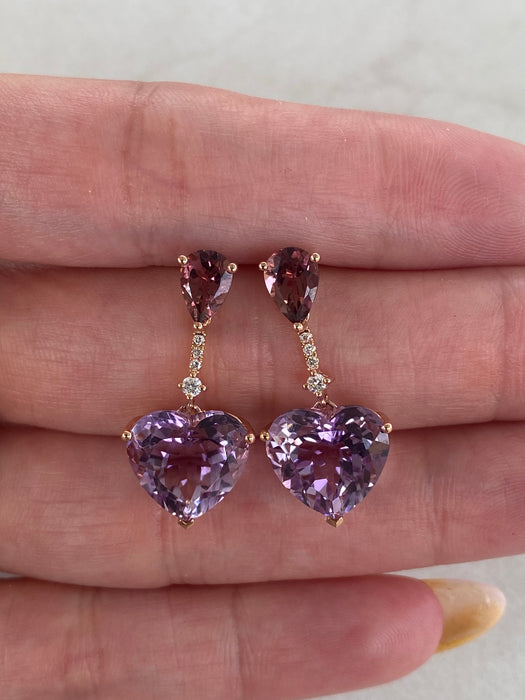 18K Rose Gold Rhodolite Garnet, Amethyst Heart & Diamond Drop Earrings