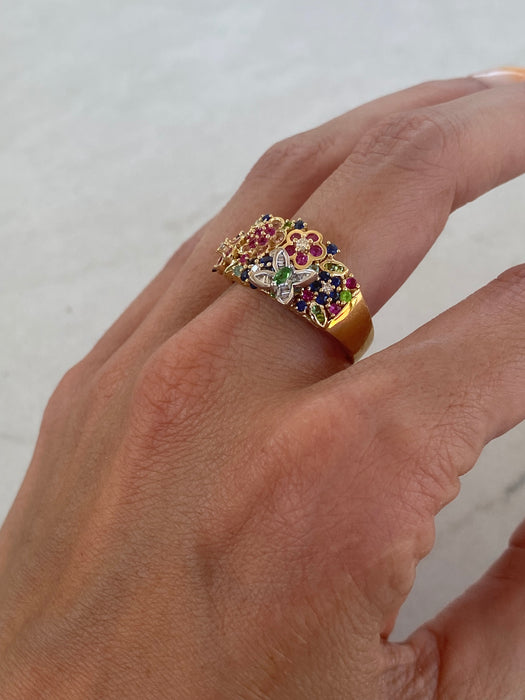 Vintage 18K Multicolor Gemstone & Diamond Floral Ring