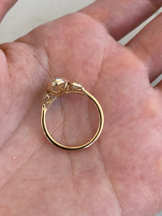 14K Gold Bezel Set Step-Cut Oval Lab Diamond Ring with Trillion Side Stones