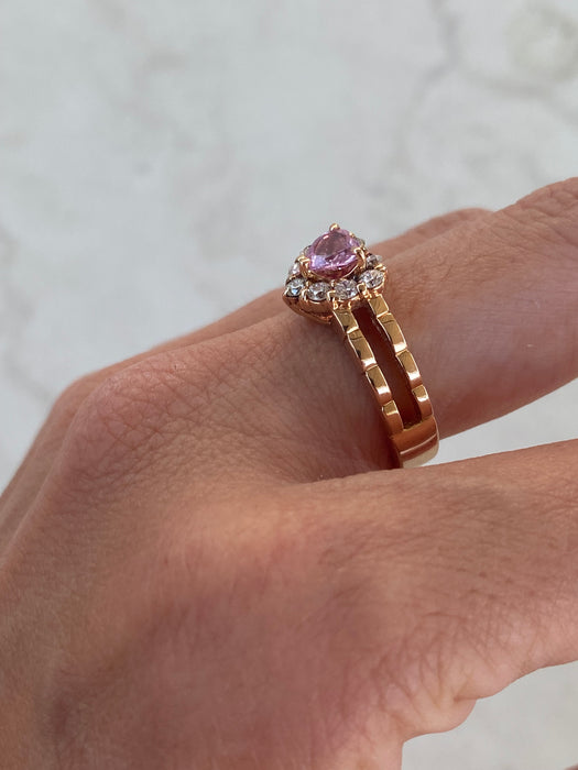 Vintage 18K Rose Gold Pink Sapphire Heart Ring with Diamond Halo – Size 7