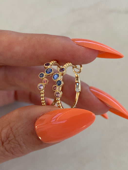 14K Gold Bubble Bezel Set Rainbow Hoop Earrings