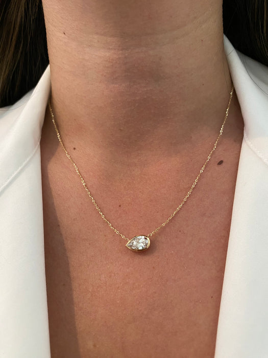 14K Gold 1.58 CT IGI Certified Pear Lab Diamond Bezel Station Necklace | VS1 F Color | Adjustable 16–18”