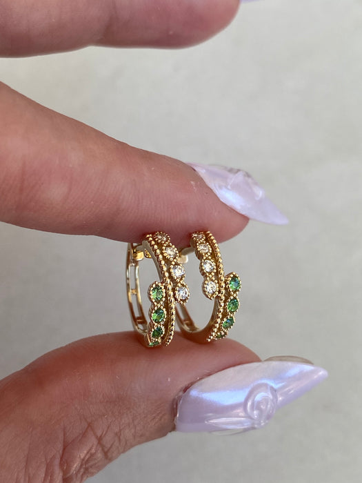 14K Gold Green Garnet & Diamond Huggie Earrings