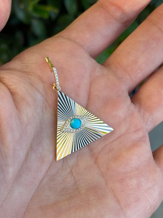 14k fluted triangle evil eye turquoise diamond charm