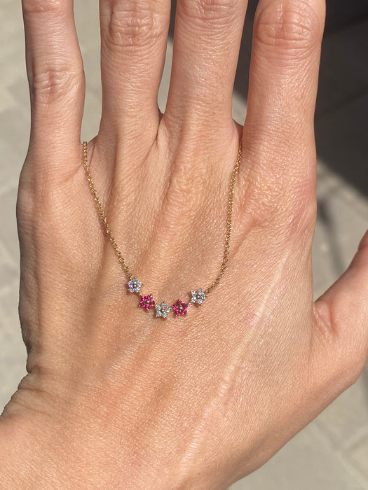 14K Gold Ruby & Diamond Flower Bar Necklace