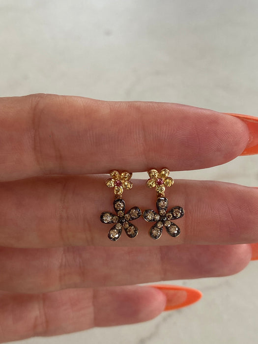 14K Yellow Gold Sapphire & Champagne Diamond Flower Drop Earrings