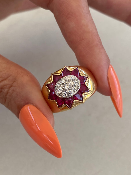 Vintage 18K / Platinum 900 Ruby & Diamond Sunburst Cigar Band Ring