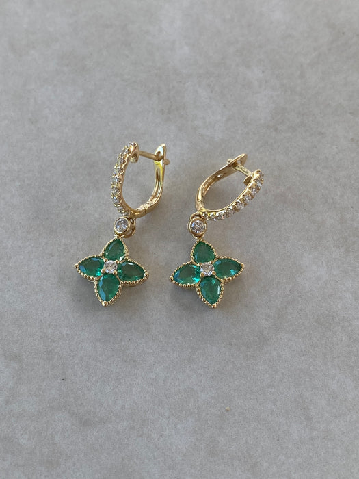 18K Gold Emerald & Diamond Flower Charm Huggie Earrings
