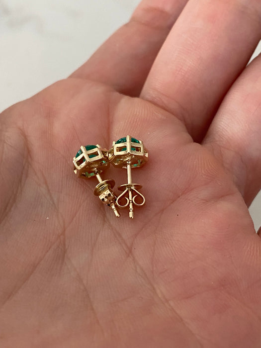 14K Gold Lab Emerald Geometric Stud Earrings