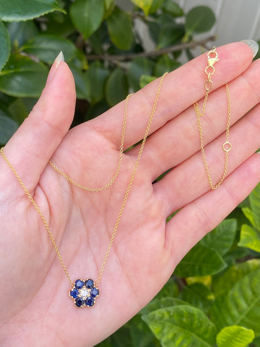 14k blue sapphire and diamond flower necklace 16” or 18”