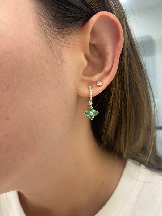 18K Gold Emerald & Diamond Flower Charm Huggie Earrings