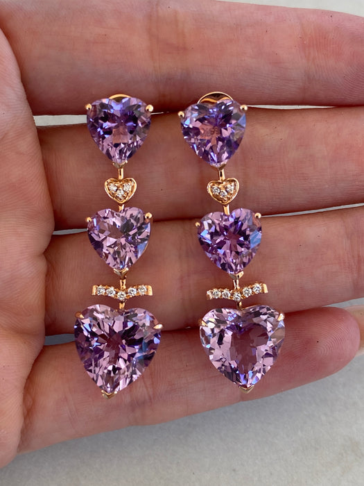 18K Rose Gold Amethyst & Diamond Heart Drop Earrings