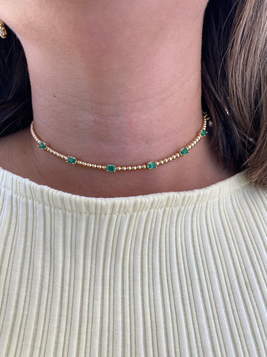 14K Gold Emerald Bead Collar Necklace – 1.40 TCW Emerald Cut Emerald Station Necklace – Adjustable 13–15”