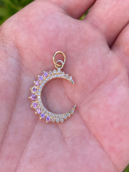 14k diamond and pink sapphire crescent moon pendant