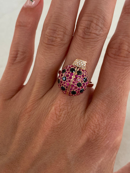 18K Rose Gold Ladybug Garnet, Ruby & Diamond Ring