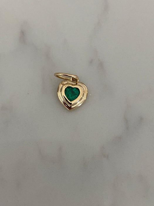14K Gold Double Bezel Emerald Heart Charm