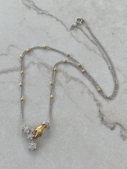 Vintage 18K Platinum 900 Diamond Hand & Flower Necklace