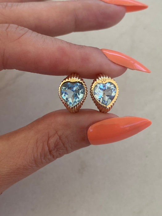 14K Gold Fluted Blue Topaz Huggie Earrings