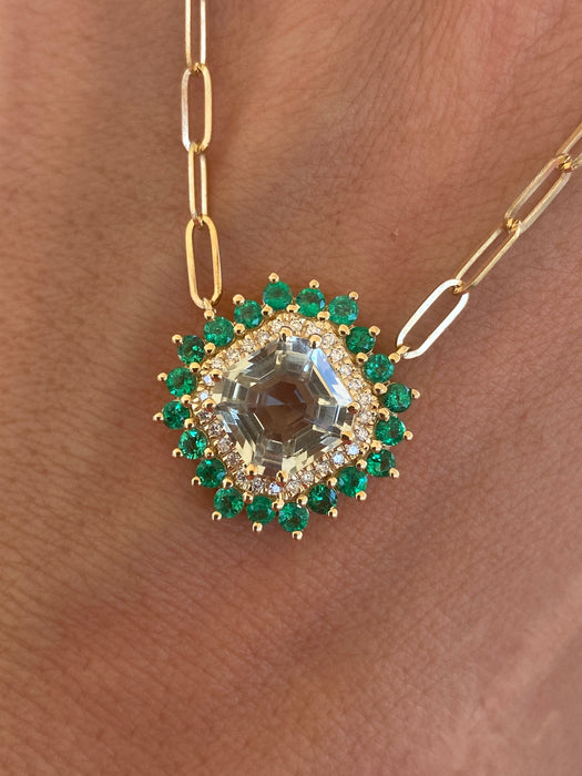 14K Gold Prasiolite, Diamond & Emerald Paperclip Chain Necklace