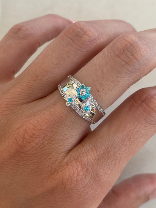 Vintage 14K White Gold Paraiba Tourmaline & Diamond Flower Ring