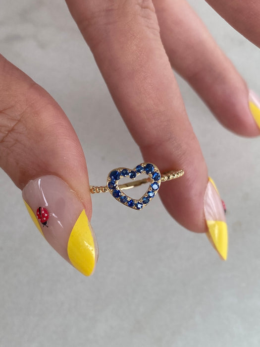 14K Gold Bead Ring with Blue Sapphire Heart | Size 7