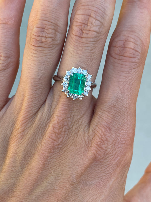 Vintage Platinum 900 Natural Emerald & Diamond Halo Ring