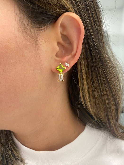 Vintage 14k Gold Peridot and Diamond Omega Back Earrings | Princess Cut Peridot