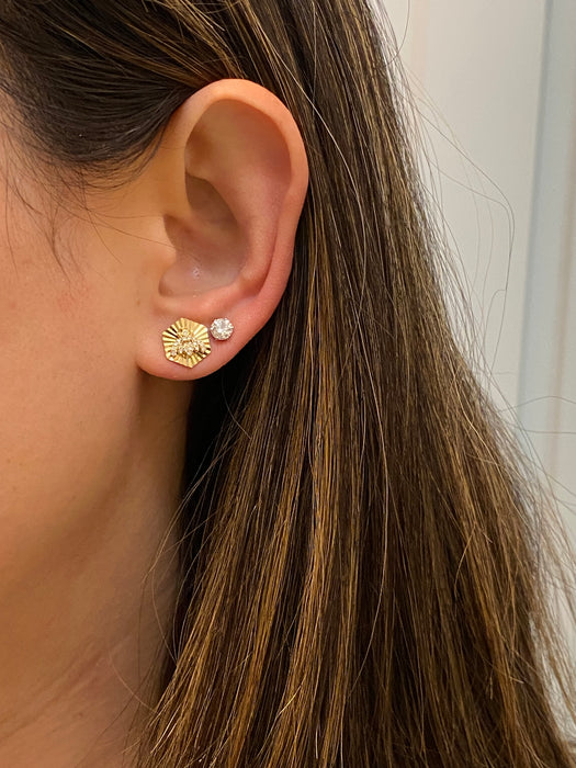 14K Gold Fluted Hexagon Diamond Bee Stud Earrings