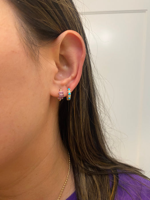 14k amethyst baguette diamond huggie earrings