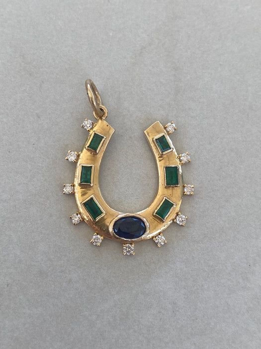 14K Gold Diamond, Emerald & Blue Sapphire Horseshoe Pendant